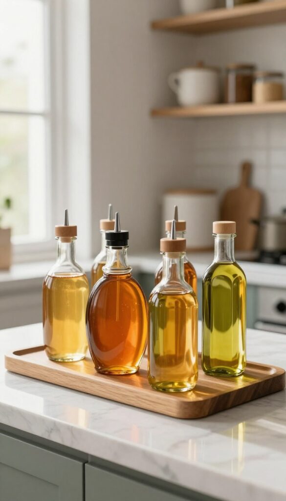 A lazy Susan with oils and syrups on a kitchen counter