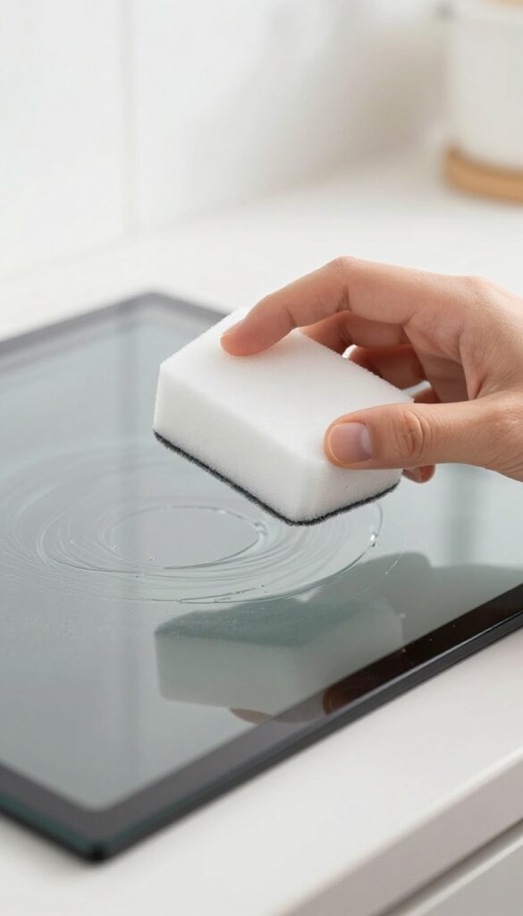 Hand using a magic eraser to clean light smudges on oven glass door