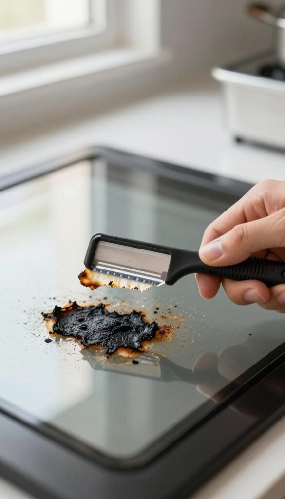 Person scraping burnt-on food from glass oven door with razor blade