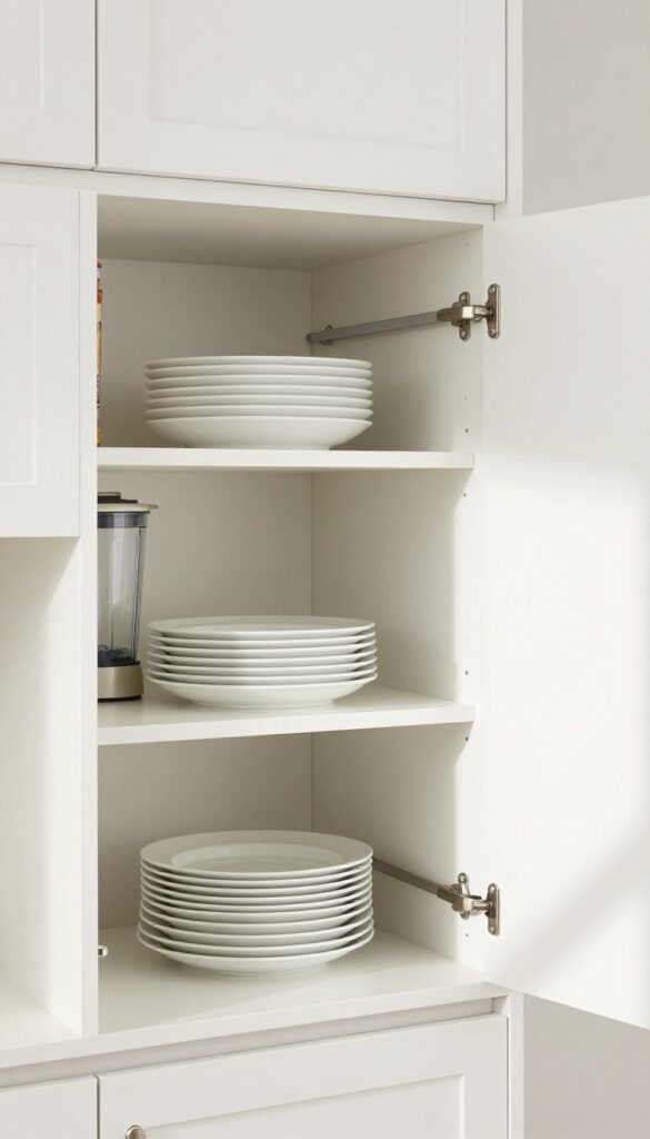 Modern kitchen cabinet with adjustable shelf system showing organized storage for plates, blender, and cereal boxes.
