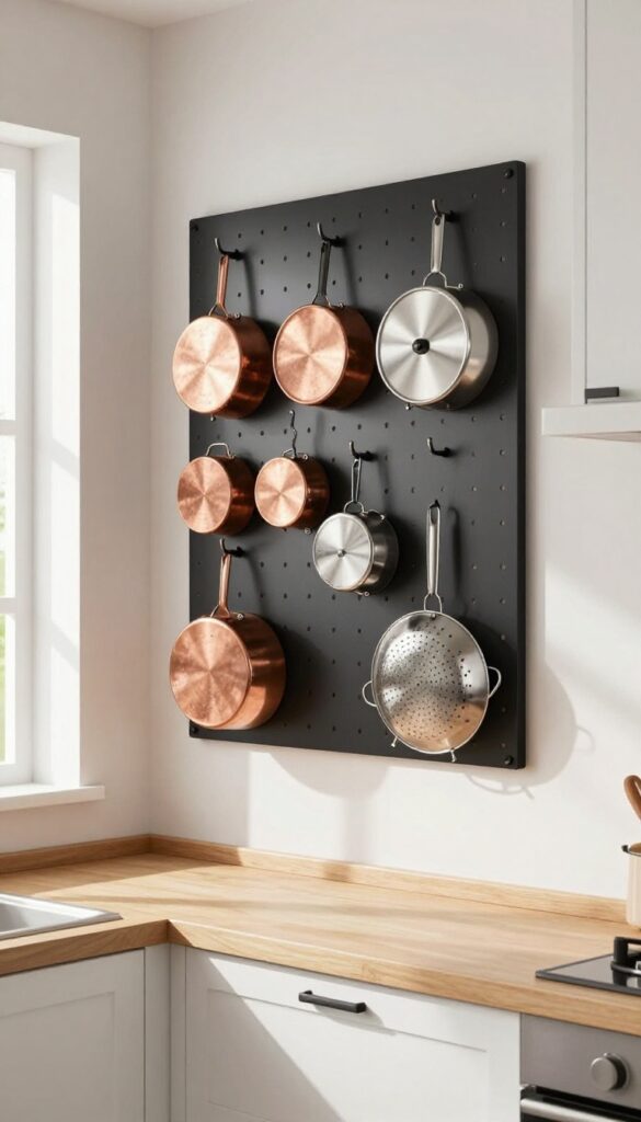 A large black pegboard on a kitchen wall holding pots, lids, and a colander on hooks, with natural light and white cabinets.