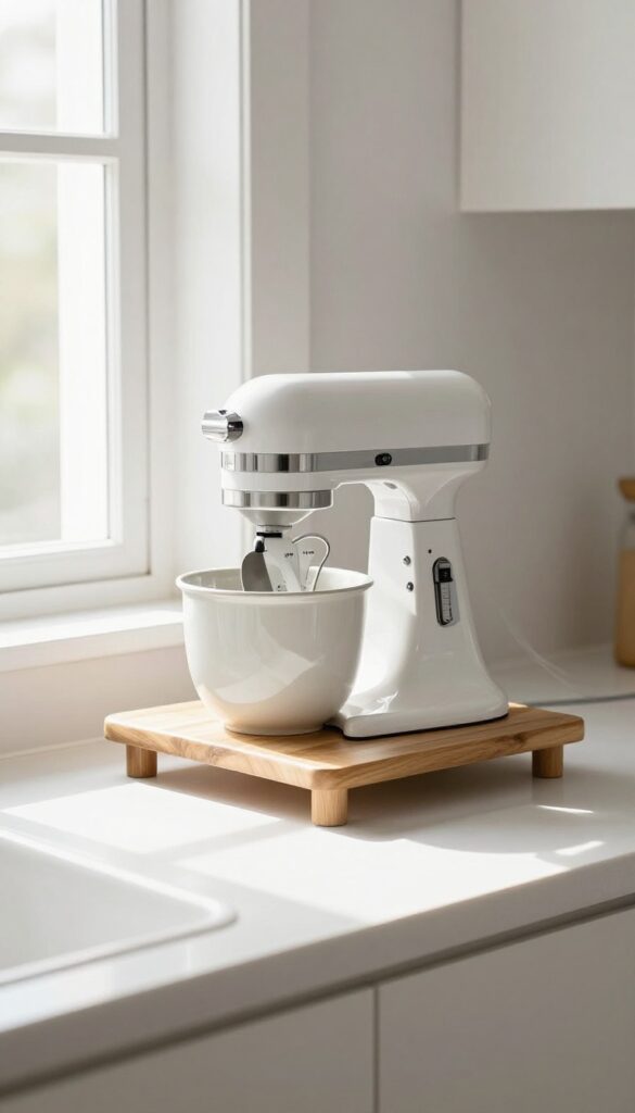 White stand mixer on a tiered wooden stand with storage underneath on a clean kitchen countertop