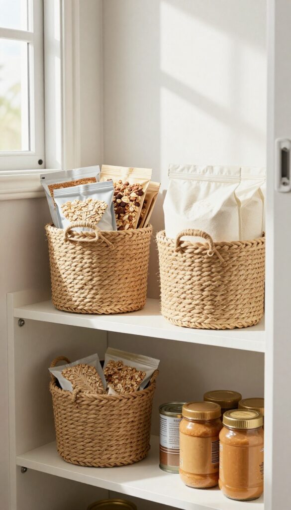 Open shelving in an RV pantry with small woven seagrass bins grouping breakfast and baking items, creating a light and airy look.