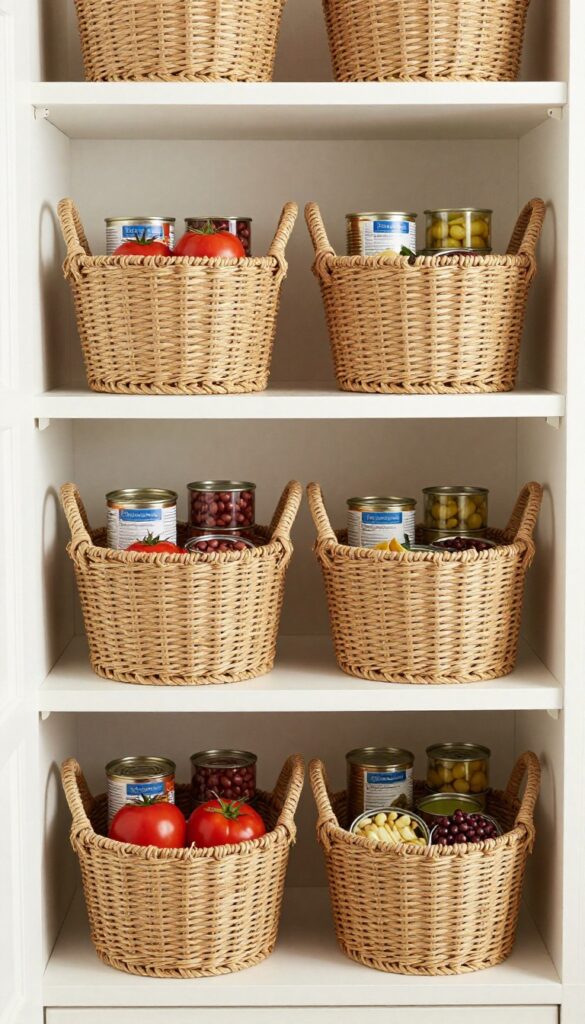Pantry shelf with three handled seagrass baskets filled with organized canned goods