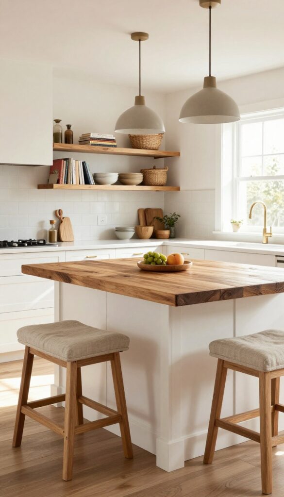Farmhouse kitchen island with open shelving, reclaimed wood top, bar stools, and pendant lighting