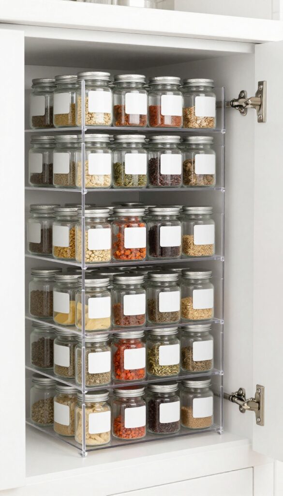 Clear stackable spice racks mounted on the inside of a cabinet door, holding uniform glass jars with white labels, organized by frequency of use.