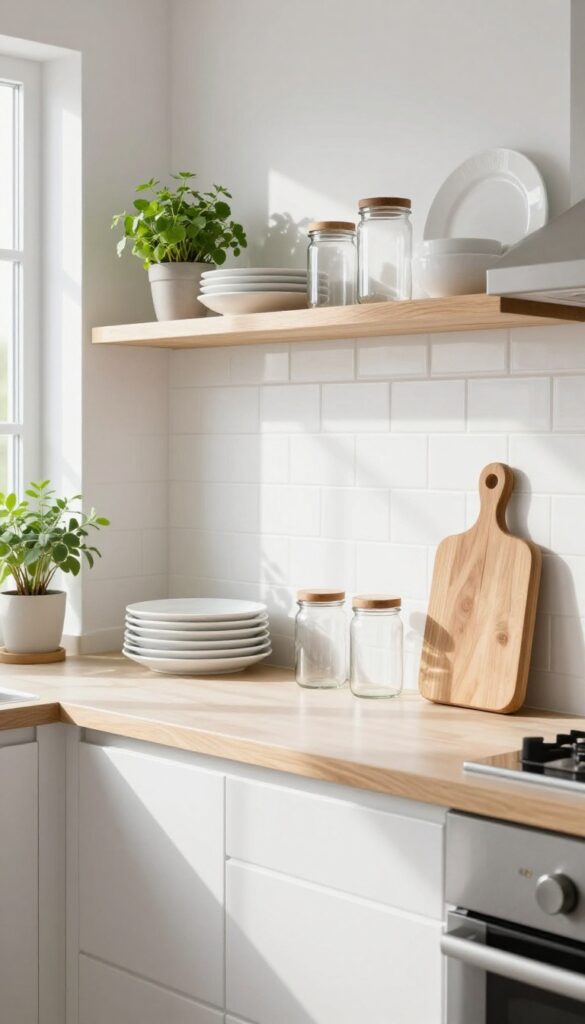 Open shelving in a small wet kitchen with white dishes and glass jars on warm oak shelves against a white subway tile backsplash.