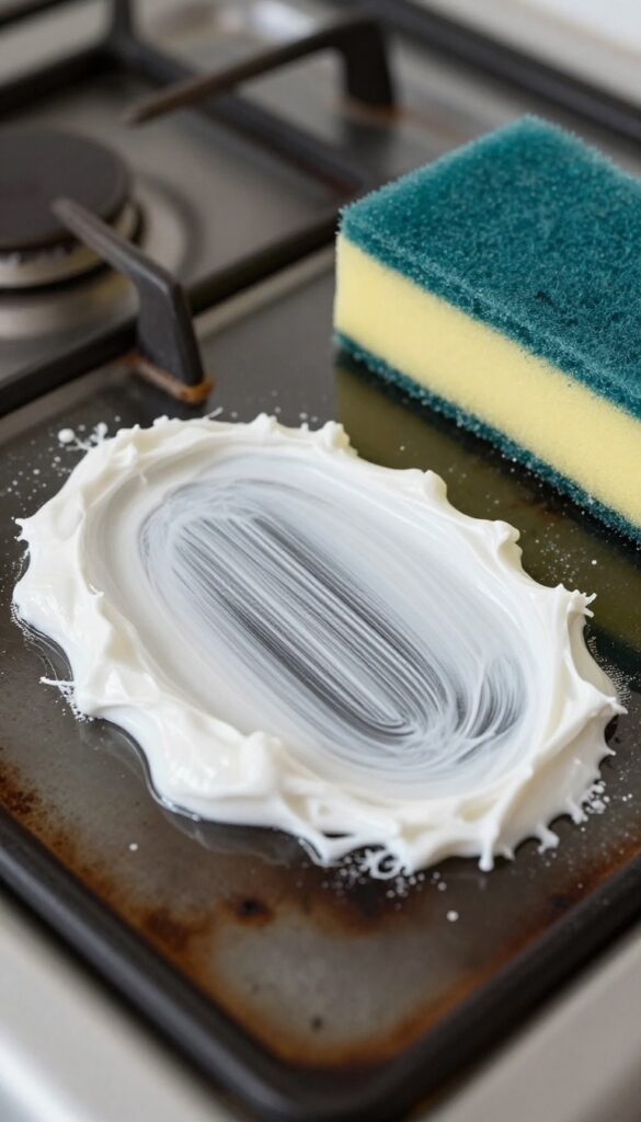 Bar Keepers Friend paste applied to burnt spot on glass stovetop