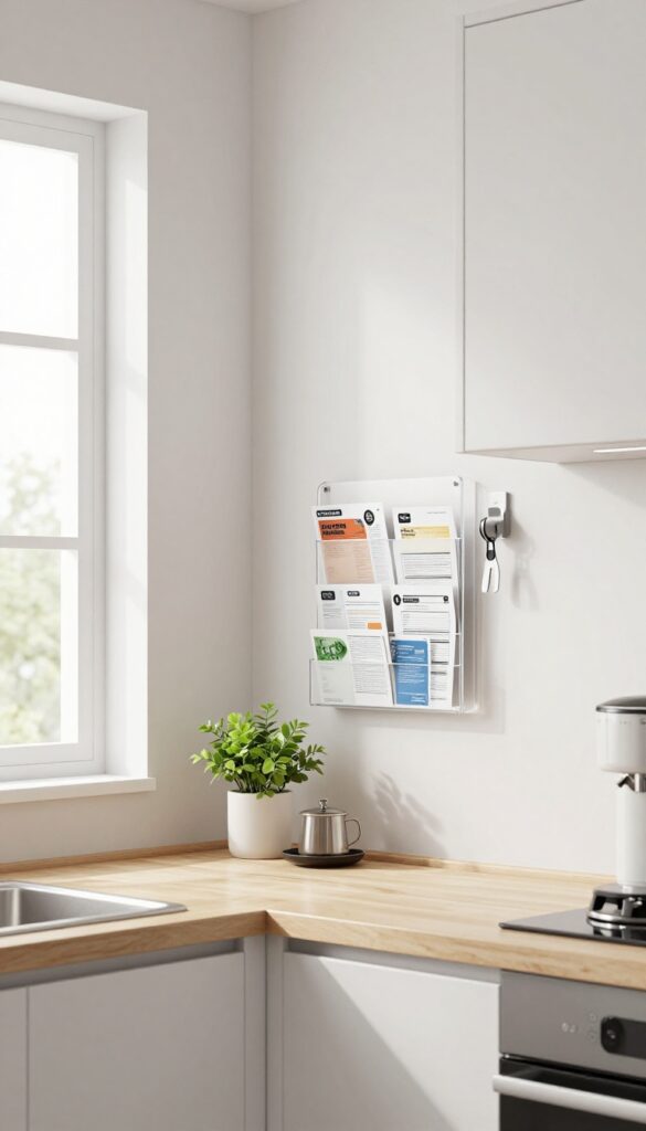 Wall-mounted clear acrylic weekly paper sorter in a bright modern kitchen with coffee station and plant.