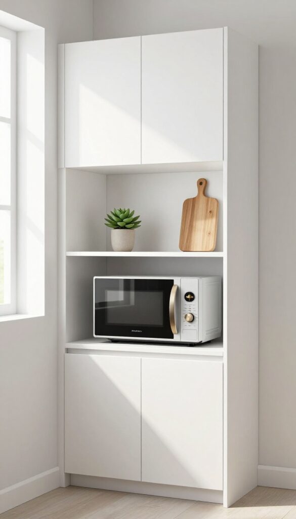 Built-in cabinet nook with microwave in a bright, modern kitchen