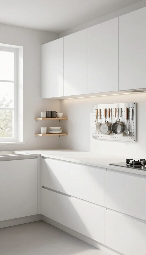 Small kitchen with vertical storage solutions: tall white cabinets, pegboard, magnetic strip, open shelves, under-cabinet lighting, clean and modern.