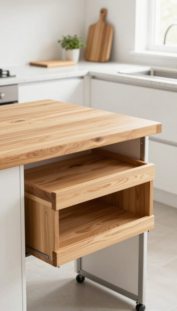 Butcher block island on casters with stools stored underneath in a modern kitchen