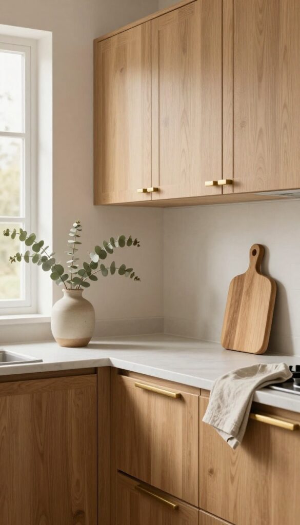 Frameless kitchen cabinets in warm oak with brushed brass hardware, seamless modern look, cozy natural light.