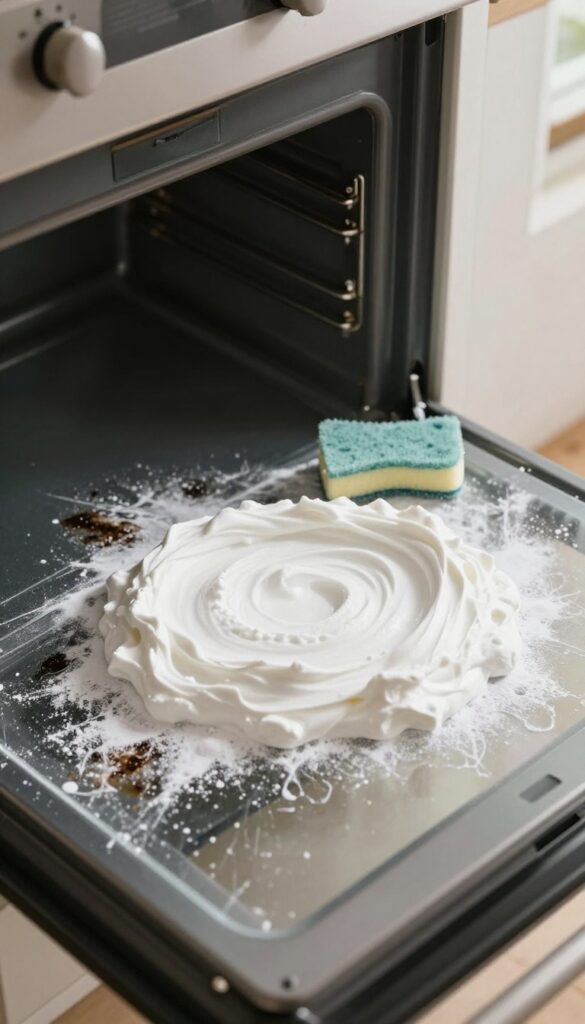 Oven cleaning hack with baking soda and cream of tartar paste applied to stubborn stains