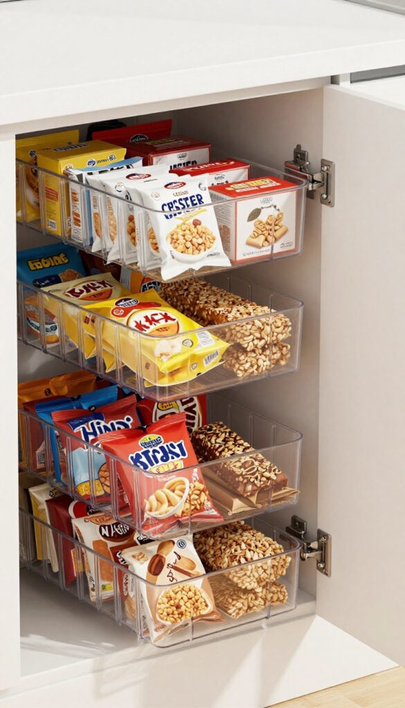 Over-the-door clear plastic organizer on a pantry door filled with snacks and pouches, with a tidy pantry interior in the background.