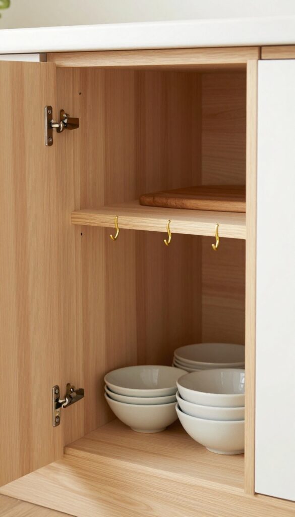 Inside a kitchen cabinet door with a wooden rail holding bowls and a cutting board, warm natural light.