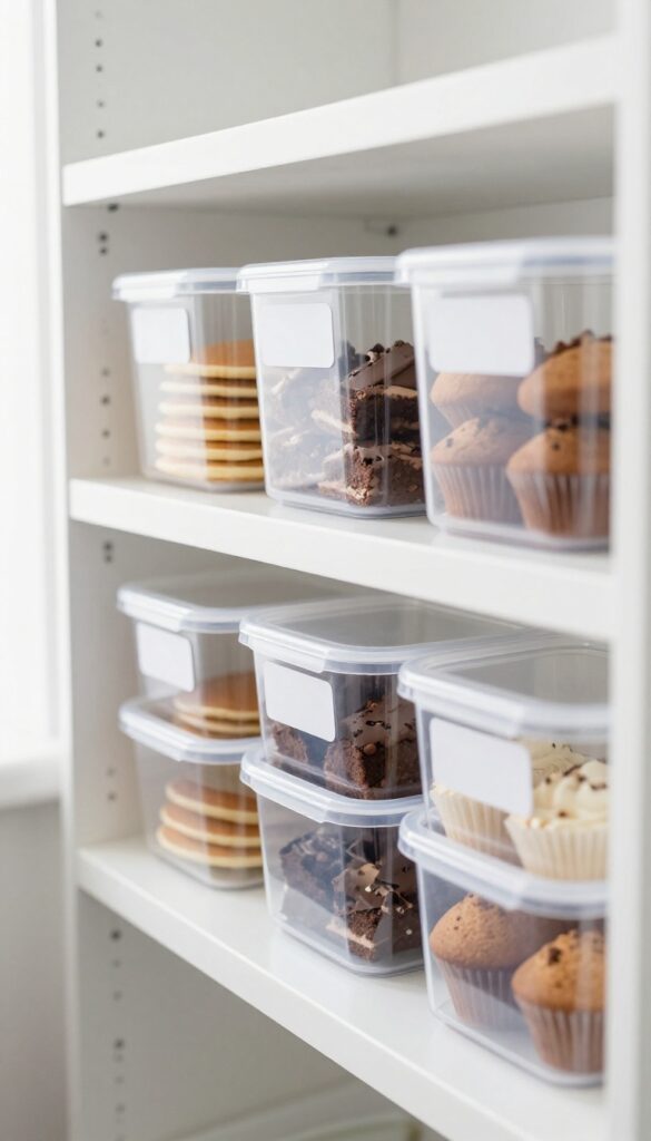 Organized pantry shelf with labeled clear bins containing baking mixes