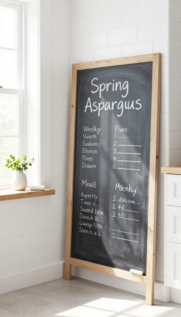 Light gray chalkboard menu board leaning against white subway tile backsplash in a bright kitchen, with fresh herbs and chalk on a ledge below