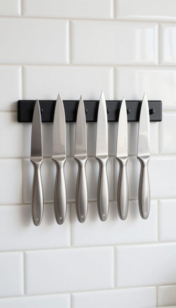 Close-up of a magnetic knife strip on a white tile backsplash holding stainless steel knives in a small kitchen
