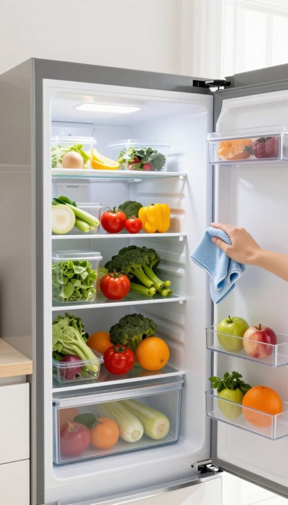 Person wiping a clean glass shelf inside an organized refrigerator with fresh produce