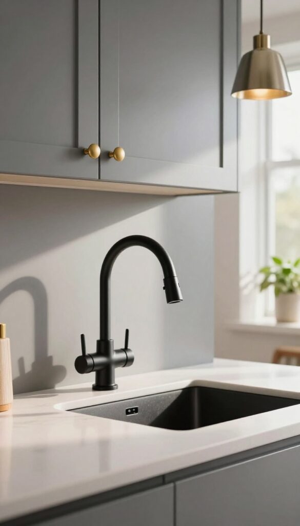 Grey kitchen with mixed metal finishes of black, brass, and chrome