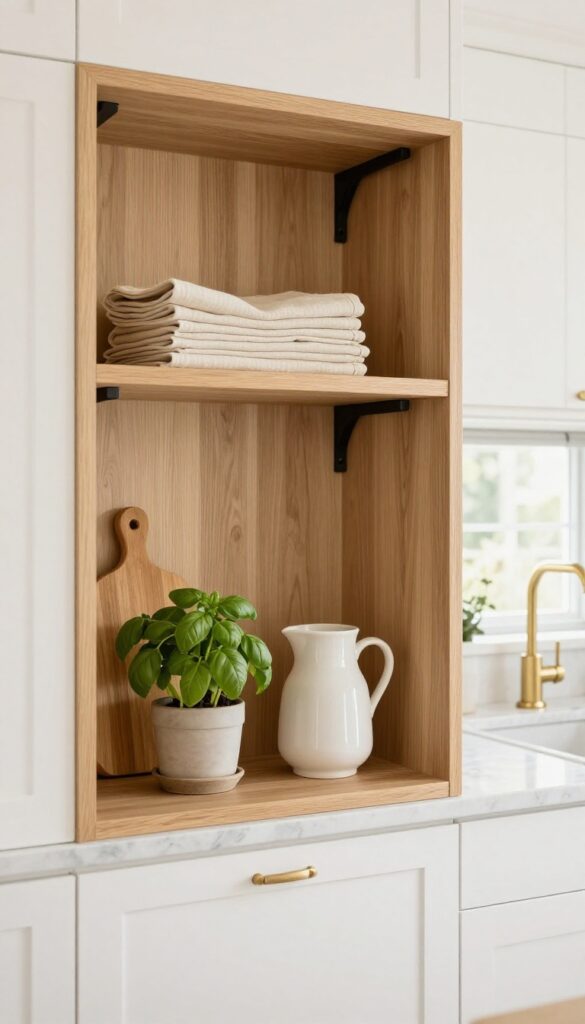Open shelving in a luxury kitchen with curated decor items like linen napkins, ceramic pitcher, and potted herb on oak shelves