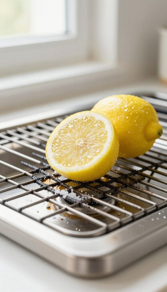 Cleaning stove grate with lemon and salt scrub