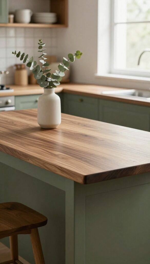 Close-up of a kitchen table with a stained wood top and olive green painted base, styled with dried eucalyptus and linen runner.