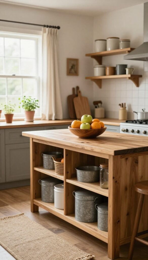 Cozy farmhouse kitchen with warm wood accents, butcher block countertop, linen curtains, and natural textures.