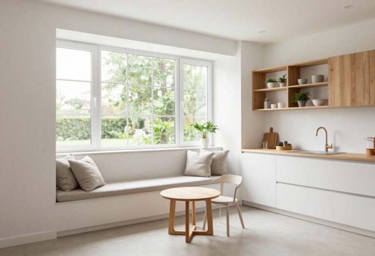 Modern kitchen bay window nook with built-in bench, table, and plants