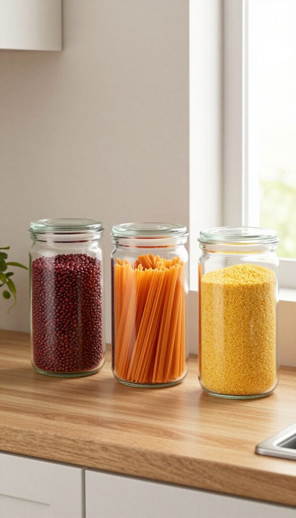Clear glass canisters filled with red lentils, orange pasta, and yellow cornmeal on a wooden kitchen shelf, with a small trailing plant, in natural light.