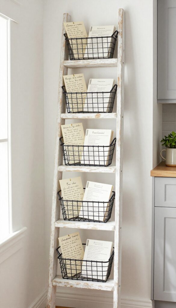 Rustic wooden ladder with hanging wire baskets holding notes and menus in a cozy kitchen