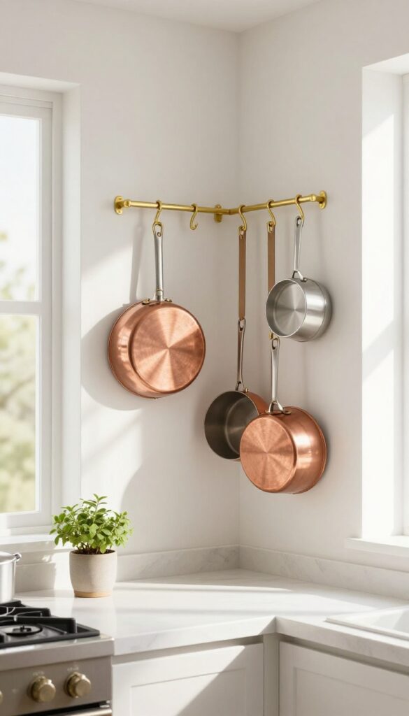 Pegboard with hanging pots and pans next to stove in bright kitchen