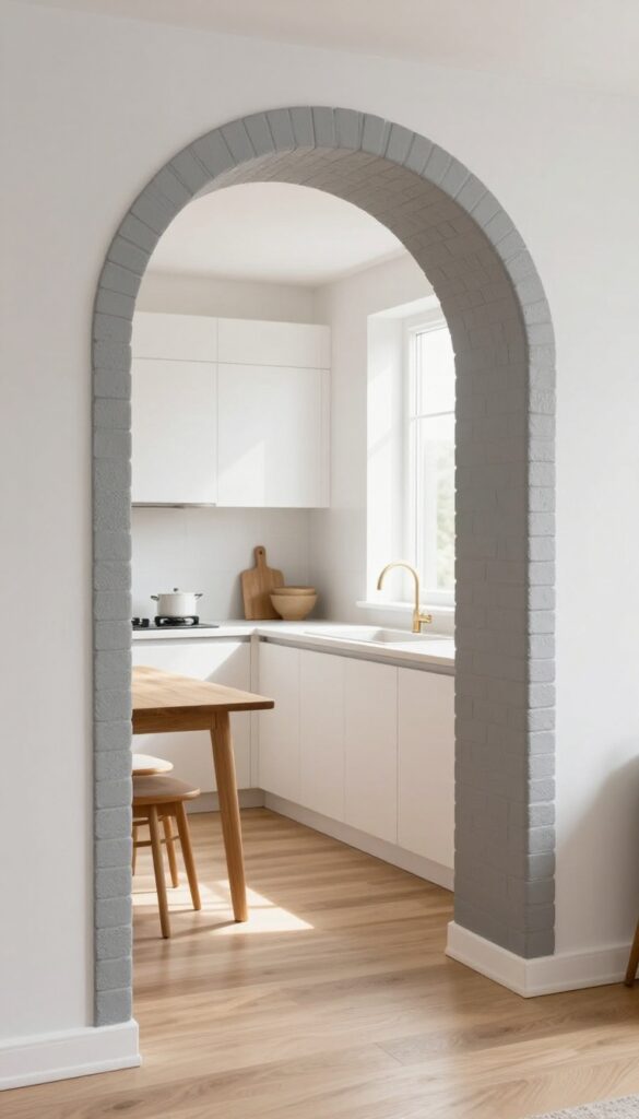 Modern kitchen with a warm gray brick archway separating the kitchen from the dining area, bright natural light, minimalist decor