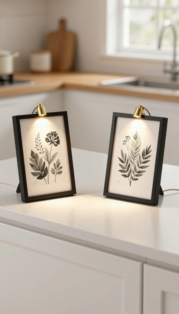 Plug-in picture lights illuminating framed art on top of kitchen cabinets, creating a mini gallery effect
