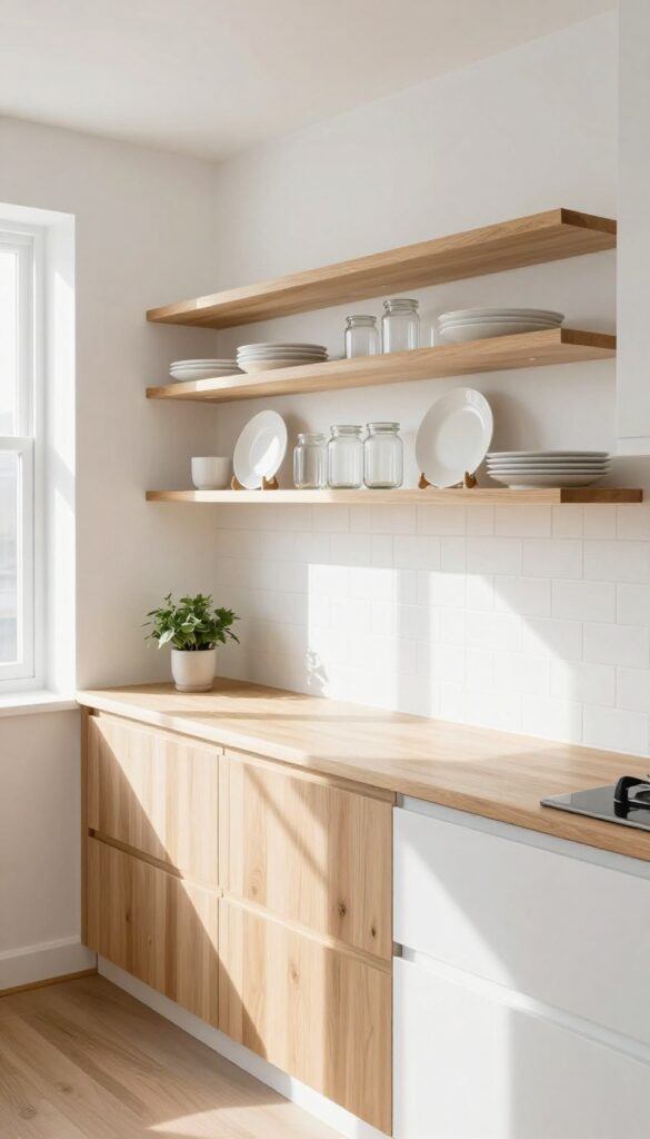 Light and airy narrow kitchen with floating shelves displaying white dishes and glass jars, natural light, clean composition.