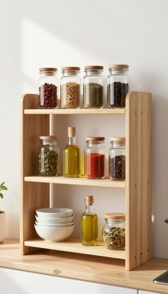 A tiered wooden stand on a kitchen shelf holding spice jars and oil bottles, with soft natural light and minimal decor.
