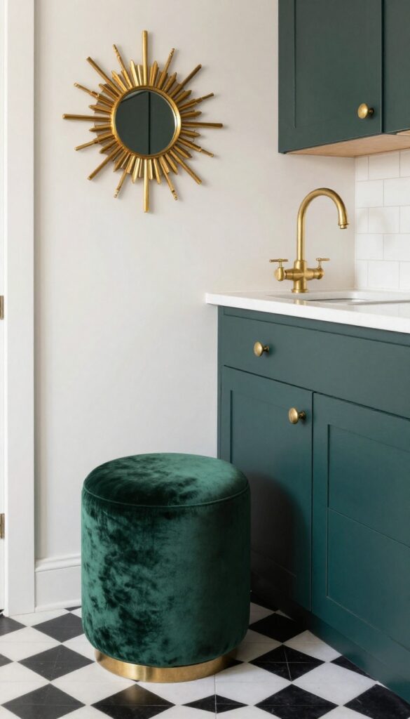 Art Deco glam kitchen with brass fixtures, emerald velvet stool, geometric runner, and sunburst mirror