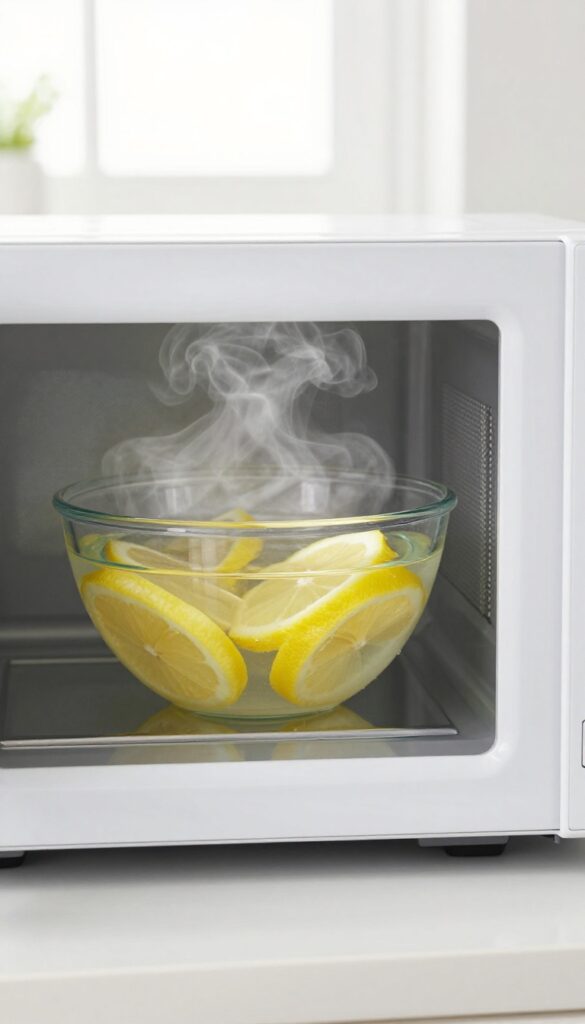 Steam cleaning a microwave with lemon slices in a bowl of water