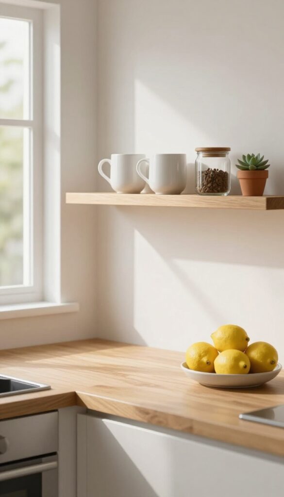 Slim floating shelf above kitchen counter with mugs, jar, and succulent