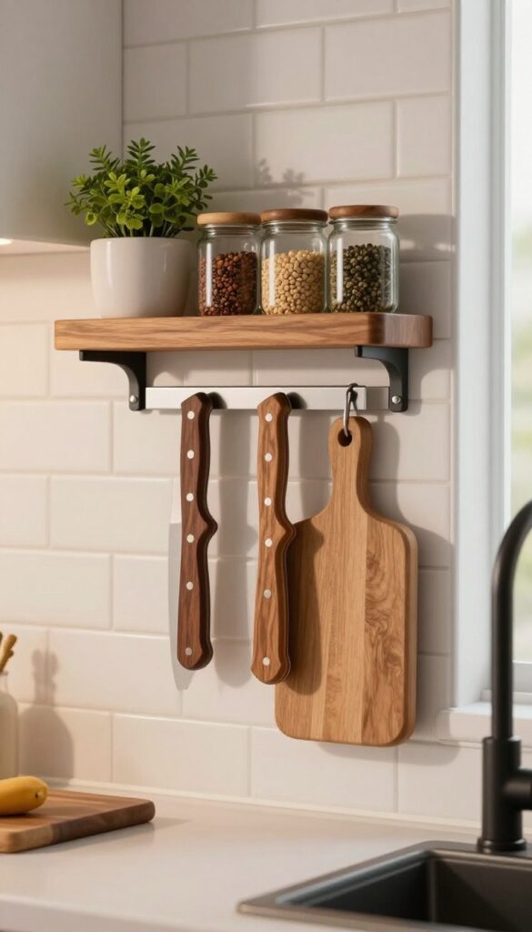Magnetic knife strip and wooden spice rack on kitchen backsplash with cutting board and herb plant