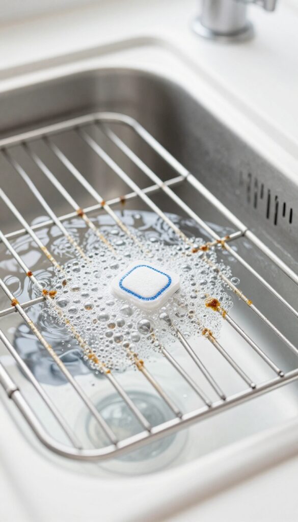 Stainless steel grill grate soaking in hot water with a dissolving dishwasher tablet, grease loosening, bright natural light, clean kitchen sink background.
