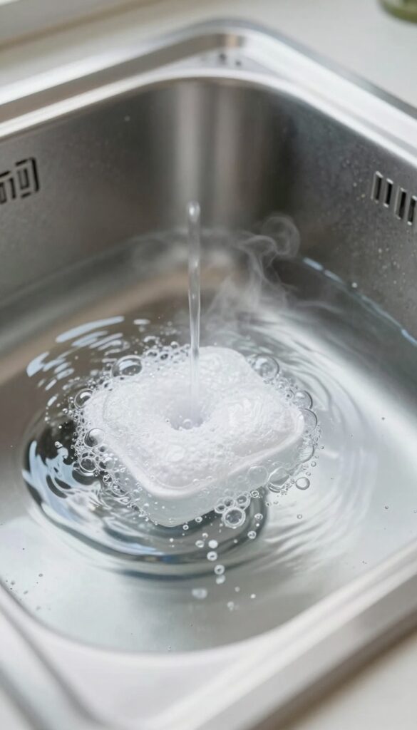 Stainless steel sink with a dishwasher tablet dissolving in hot water for deep cleaning.