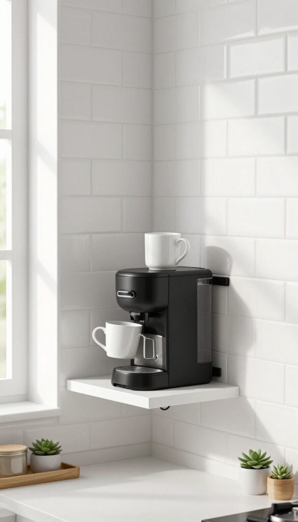Compact coffee station in a kitchen niche with coffee maker, mugs, canister, and succulent, bright natural light.