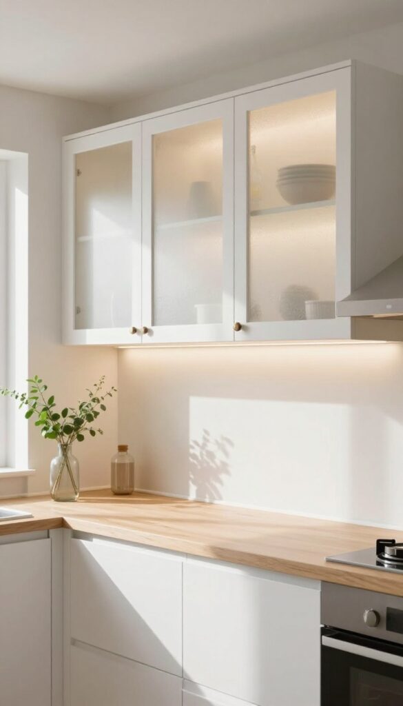 Frosted glass cabinet doors in a bright kitchen with soft natural light and warm interior lighting