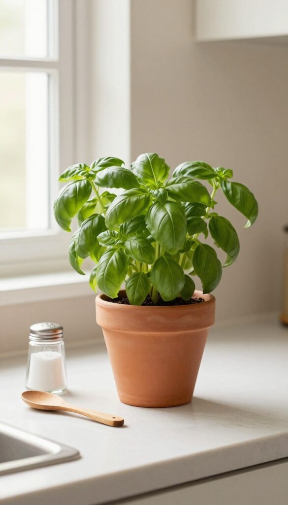 A small basil plant in a terracotta pot on a clean kitchen counter, styled with a wooden spoon holder and salt cellar, natural light from window.