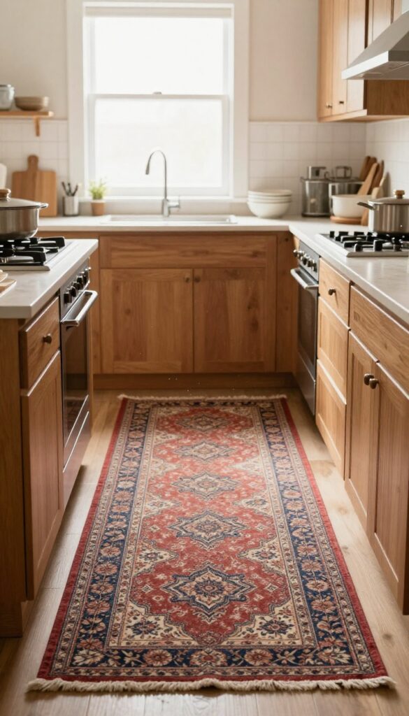 Kitchen with oak cabinets and a patterned runner on the floor