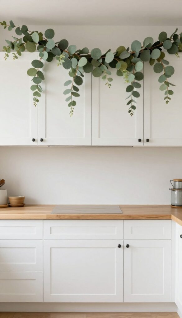 A single long greenery garland draped across the top of white kitchen cabinets, adding warmth and a finished look.