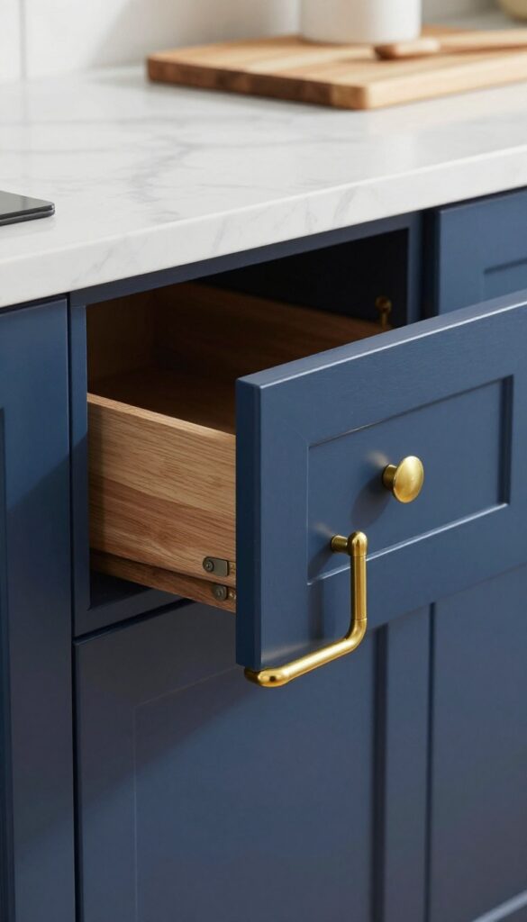 Navy blue kitchen cabinet with warm brass hardware, white marble countertop, and natural light