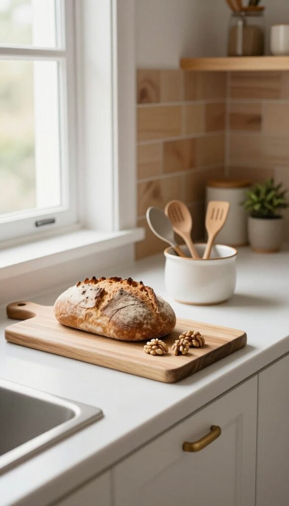 Kitchen counter with wooden cutting board, bread, walnuts, wood-handled utensils in crock, wood backsplash, and wooden shelf with plant.